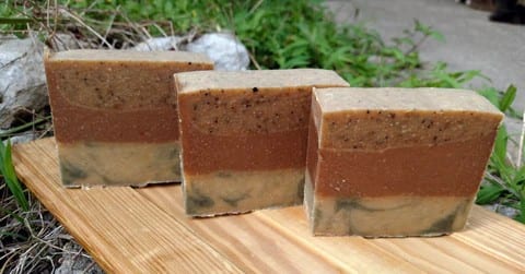Making Layered Goat Milk Soap is Pretty to look at, but... 2 - Bearded Lady Soap Factory layered soap with coffee - Bearded Lady Soap Factory